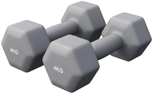 GORILLA SPORTS® Hanteln Set - Neopren, 2 x 4 kg, Gusseisen, Grau - Hexagon Kurzhanteln, Hantelset, Hantel Gewichte, Kurzhantelset für Pilates, Frauen, Männer, Fitness, Aerobic, Gymnastik