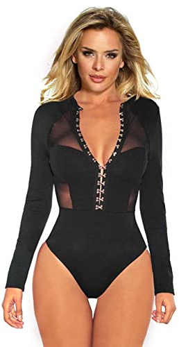 ohmydear - Body para mujer de manga larga con cuello redondo y bodysuit estiramiento delgado ajuste elegante bodycon de una pieza traje de baño cepillado mono de lencería bodys abierto en la