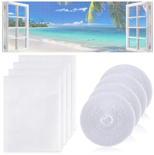 4 Pièce Moustiquaire Fenetre, 130x150cm Moustiquaire Porte Fenetre avec 4 Rouleaux de Bande Adhésive à Crochets, Anti Moustique Fenetre Peut Être Coupé pour Insectes