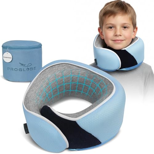 Proglobe Junior Nackenkissen für Kinder - Ergonomisches Reisekissen aus Memory-Schaum für Auto, Flugzeug, Bahn - Waschbar, Tragbar, Mit Gurt - Für Kinder von 4–13 Jahren - Hellblau