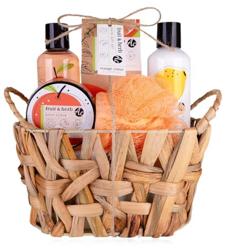 Accentra - Set da doccia per donna, con scritta in lingua tedesca FRUIT & HERB in bel cesto regalo, set da 5 pezzi, regalo con gel doccia, lozione per il corpo, peeling, sali da bagno e spugna a rete