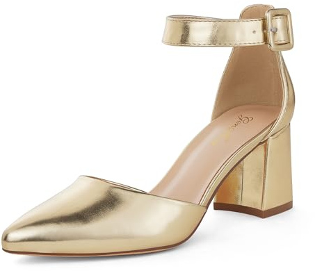 GENSHUO Scarpe da Donna con Punta Chiusa, Tacco a Blocco Basso 6 cm, Cinturino alla Caviglia, Comode per Lavoro e Feste, Oro, 37 EU