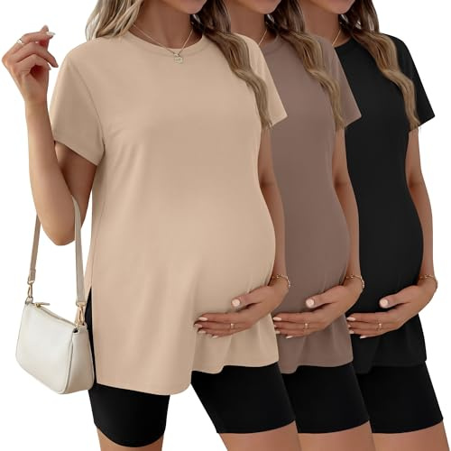 Ficerd, Confezione da 3 Magliette Premaman da Donna, Manica Corta, Spacchi Laterali, Casual, Girocollo, per Gravidanza