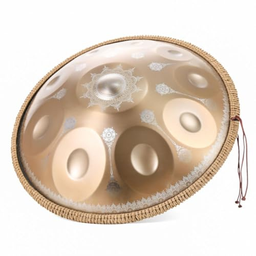 Mandala dorado Handpan 10 notas D Kurd escala profesional instrumento de curación de sonido de acero de tambor de meditación para aliviar el estrés, yoga y terapia musical