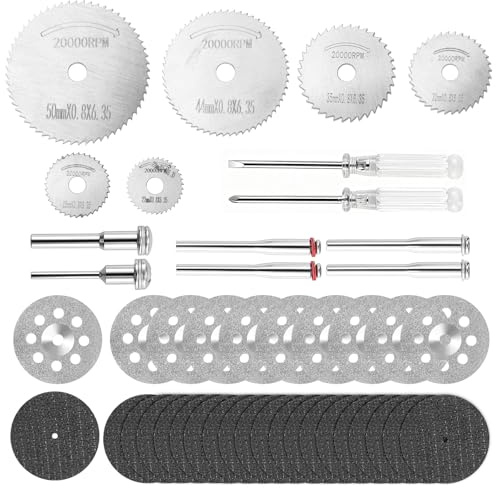 MOPUBZO 44 Pezzi Dischi da Taglio per Utensile Rotante, Set Lame Seghe Circolari HSS, Diamantate e in Resina per Dremel, Ideali per Legno, Plastica, Rame, Alluminio e Metallo Morbido