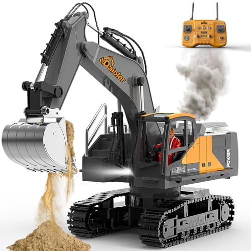Daioller Rc Excavadora Juguetes Vehículo de Construcción para Niños 3-12, Coche teledirigido con Aerosol, Pala Metal/3×Batería/680° Rotación/Luz, Excavadora Hidráulica para Niños Cumpleaños