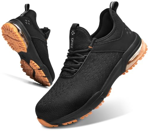 SPIEZ Scarpe di Sicurezza per Uomini e Donne - Punta composita Non in Acciaio con Cuscino d'Aria, Design Leggero da Scarpe da Ginnastica, comode da Indossare a Mani libere, Nero Arancione EU 43