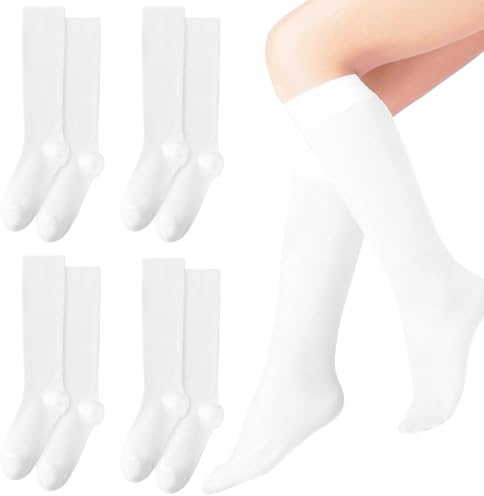 SAIIURV 4 Paires Chaussette Haute Blanche pour Femmes Filles, Chaussettes de Genoux Longues Montantes Uniforme Accessoires de Costume pour Cosplay Fête Quotidienne
