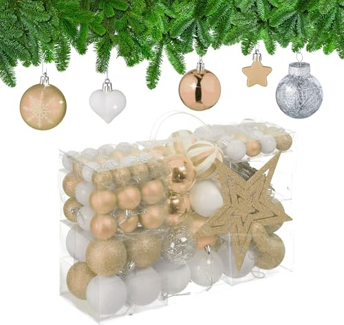 Relaxdays Weihnachtskugeln 101er Set, Kunststoff, Weihnachtsbaumdeko Kugeln & Spitze, Christbaumschmuck, Champagner/weiß