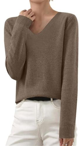 Pull Grande Taille Femme Pull Col V Femme Manches Longues Hiver Chaud Cachemire Sweater Chic et Elegant Léger Fin Tricoté Sweater Couleur Unie Pullover Pour Convient À La Superposition Café,M