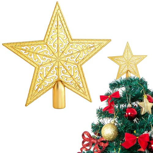 KIPTVO Gold Star Christmas Tree Topper, Double Sided Gold Star Tree Topper, Cone Base for Xmas Tree Topper Ornaments Christmas Home Decorations Easy Attachment
