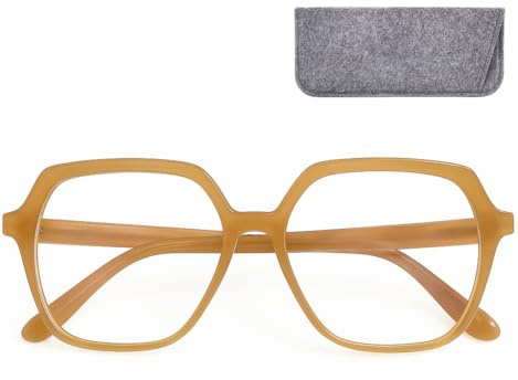 Stilfulla moderna dam sexkantiga glasögon utan styrka med stora reptåliga linser, fodral, plastbåge (beige), blåljusfilterglasögon för dam utan dioptrier