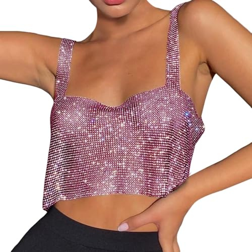 Generisch Festival Top Mujer Lentejuelas Sin Mangas Chaleco Brillo Slim Fit Tirantes Espaguetis Tank Top Carnaval Kustüm Sexy Casual Brillante Tirantes Top Liso Brillante Ropa de Calle