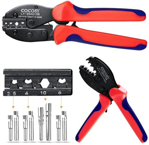 COCOSY Pinza Solare Crimpatrice 2.5-10mm² Pinza a Cricchetto Solare 2.5mm² 4mm² 6mm² 10mm² (AWG 14-8) per impianti PV Pinza precisa per crimpare connettori pannelli solari e cavi