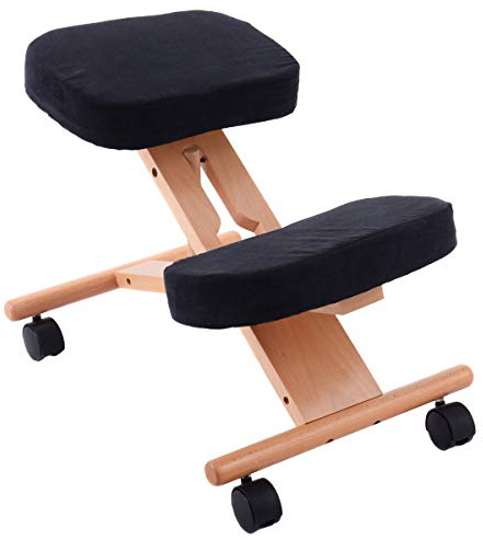 COSTWAY Ergonomic Kneeling Chair, Wood Posture Stool with Angle & Height Adjustable, Thick Padded Seat, Suitable for Meditation Gaming Computer Work (Black)