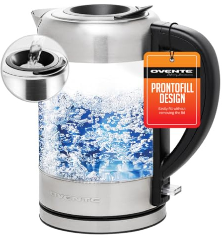 OVENTE Electric Kettle with 1.7L Borosilicate Glass, 1500W Instant Water Boiler and Heater for Coffee or Tea, BPA Free, Easy to Fill Lid, Auto Shut-Off and Boil Dry Protection, Silver KG612S