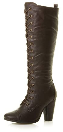 AJVANI high chunky heel lace up calf knee military biker boots size 6 39