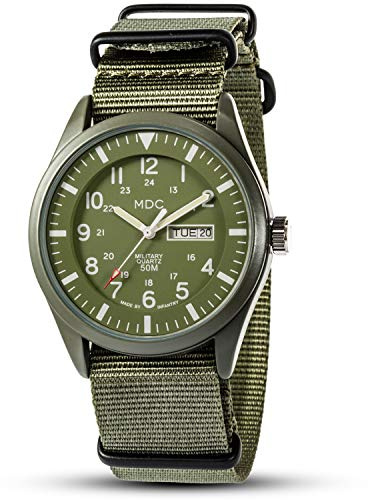 Infantry MDC Mens Military Army Watch - Gents Analogue Tactical Field Watch, 12/24 Hour Military Time with Day Date, 5ATM Waterproof Tough Work Watch, Olive Green Nylon NATO Strap