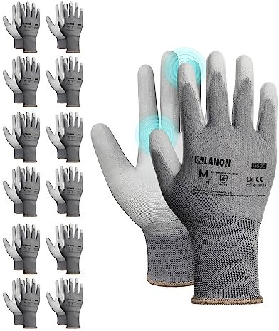 LANON 12 Paar PU Professionelle Arbeitshandschuhe, Zweimal Gewaschen, Geruchlos, Industrie-Schutzhandschuhe für Mechanik und Werkstatt, Grau, XL/10