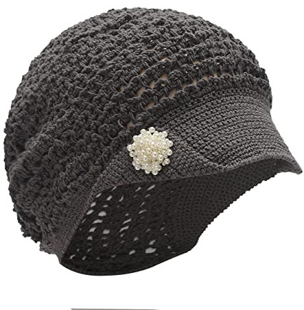 ZLYC Damen Sommer Slouchy Häkelmütze Visoren Handgemacht Häkelmütze Visor(Festes Grau)