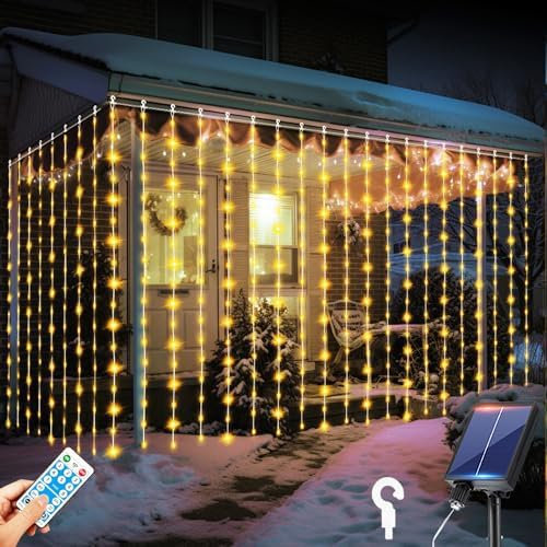 RJEDL Lichterkette, 6x3m 600 LED Solar Lichtervorhang Aussen mit 2 Lademethoden 2 Arten der Kontrolle 8 Modi Timer IP65 Wasserdicht Wasserfall Außen/Innen Lichterkette für Weihnachten,Party,Braut,Deko