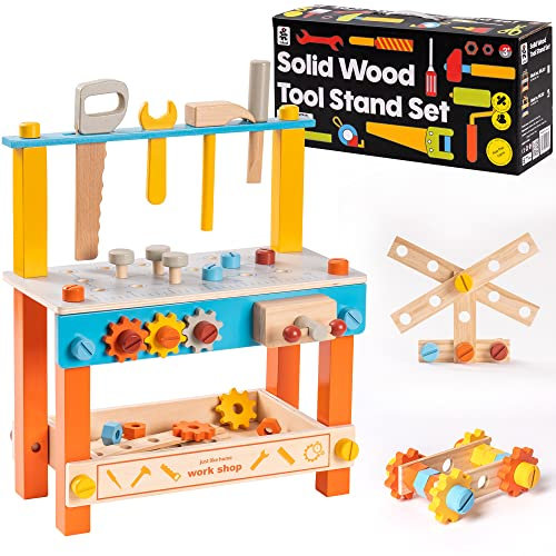 ROBUD Kinder Werkbank aus Holz mit Werkzeug und Zubehör| Werkzeugbankmit Schraubstock, Hammer, Holzspielzeug für Kinder Kleinkinder ab 3 Jahre, Orange