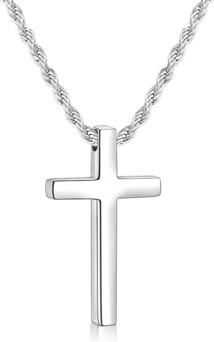 Fiusem Cross Necklace for Men, Silver Tone Mens Cross Necklaces with 2.5mm Rope Chain, Small Stainless Steel Pendant Chain 20 Inch