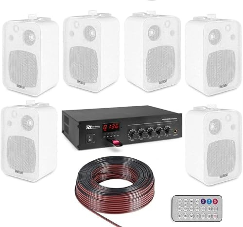 KIT AUDIO FILODIFFUSIONE BLUETOOTH CON 4 O 6 CASSE AUDIO DA PARETE COMPLETE DI STAFFE (6 CASSE BIANCHE)