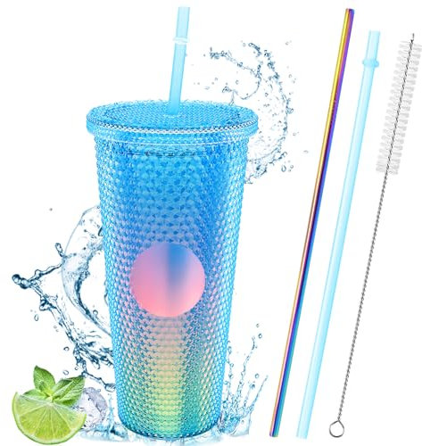 710ml Nieten Becher, Kaltbecher aus Kunststoff, Doppelwandiger Kaffeetasse mit Deckeln, Trinkbecher mit 2 Strohhalmen & Reinigungsbürste, Reisebecher To Go für Wasser Eiskaffee Veisige Getränke (Blau)
