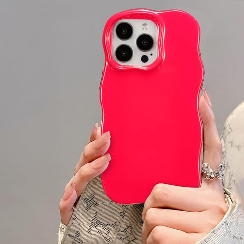 UEEBAI Case for iPhone 15 Pro Max 6.7 inch, Candy Color Cute Wave Frame Slim Fit Shockproof Phone Bumper Cover Soft Pretty Curly Wavy Case Anti-Scratch TPU Case - Hot Pink