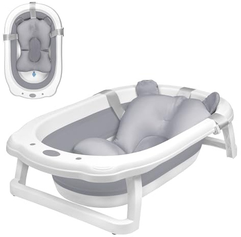 TATIVALO Faltbare Baby Badewanne, klappbare Babybadewanne, Rutschfeste Tragbare Reisedusche Badebecken mit rutschfester und Ergonomischem Kissen für Neugeborene bis Kleinkinder, Anthrazit