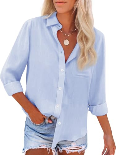 Womens Button Down Shirts Cotton Dress Shirts Oxford Shirts Long Sleeve Work Blouses Collared Tops Tunics with Pocket-All Blue L