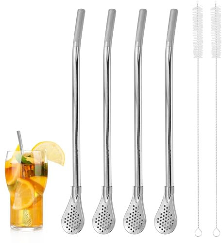 4 Pezzi Cannucce di Paglia da tè Staccabili, Cannucce in Acciaio Inox con Cucchiaio Filtrante, Riutilizzabili per tè Sciolti, Caffè, Bevande, con 2 Spazzole per La Pulizia