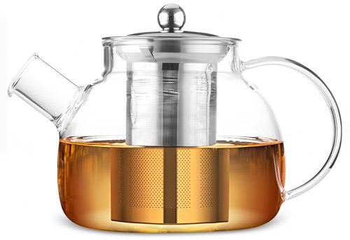 ICEBLUEOR Glass Teapot with Infuser and Lid, 1000ml Tea Pot Infusers for Loose Tea, Clear Coffee Jug Pot, Borosilicate Glass Tea Pots with Stainless Steel Filter for Loose Tea and Coffee