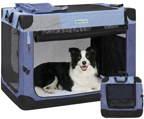 Gardner Pet Soft Collapsible Dog Crate - 36 Inch Portable Travel Dog Crate for Medium/Large Dogs Indoor & Outdoor, 3-Door Pet Crate with Durable Mesh Windows & Storage Bag, Blue