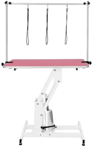 Table Toilettage Hydraulique - Cadre Acier Blanc Robuste & Plateau Antidérapant Rose 106 x 61cm - Hauteur 55 à 100cm - Capacité 180 kg - Toilettage Chien Animaux Professionnel.[3 Sangles INCLUSES]