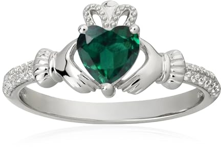 Heart Birthstone Claddagh Ring 925 Sterling Silver 6MM Heart Shaped Created Emerald Rings Irish Jewelry Good Luck for Women Size 8