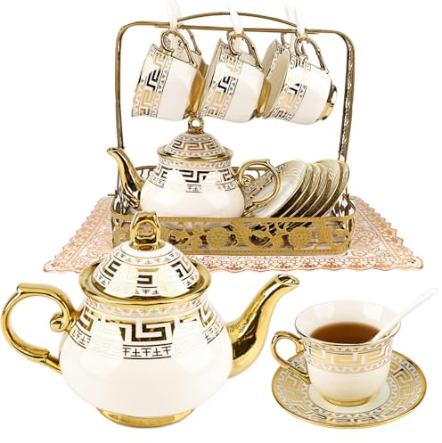 20 Pcs Porcelain Tea Set for Adults, 850 ml Floral Gold European Tea Set | 850ml Teapot, 180ML Teacup with Chip-Resistant Ceramic for Afternoon Tea, Perfect for Women Tea Party at Home, Birthdays