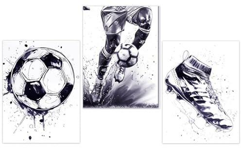 KQDRAVINE Set di 3 Poster Calcio in Bianco e Nero con Sfumature Bluastre Quadri Artistici su Tela Poster da Parete Quadri Stampe da Parete per Soggiorno e Camera da Letto Senza Cornice (30×40 cm)