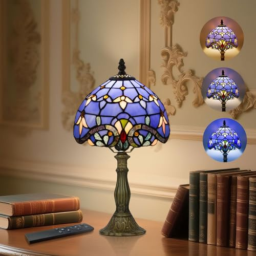Tiffany Style Table Lamp for Bedroom - Remote Control Stained Glass Lamp with Timer, Stepless Dimmable and Colorful Glass Shade Bedside Lamps for Living Room Office, Bulb Included (Blue Baroque)