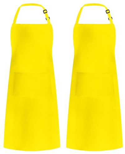 Syntus 2 Pack Adjustable Bib Apron Waterdrop Resistant with 2 Pockets Cooking Kitchen Aprons for Women Men Chef, Yellow