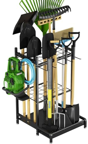 Portautensili da giardino in metallo resistente con ganci, robusto supporto per attrezzi con manico lungo, scopa, pala, rastrello, porta attrezzi da esterno e da cortile