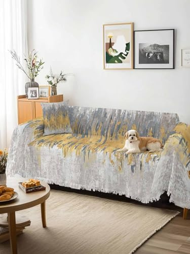 Yellow Grey Abstract Sofa Cover Blanket Couch Covers for Armchair Cushion,Couch Sofa Silpcover with Tassel,Gradient Geometric Graffiti Modern Art Living Room Throw Towel Blanket Covers XX-L 71x150