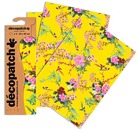 Décopatch Bright Yellow Floral Paper, 30x40cm (Pack of 3 sheets)