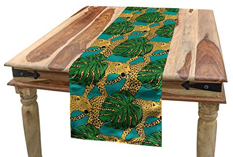 ABAKUHAUS Monstera Tischläufer, Tiere und Monstera Leaves, Esszimmer Küche Rechteckiger Dekorativer Tischläufer, 40 x 225 cm, Gelb Teal Grün