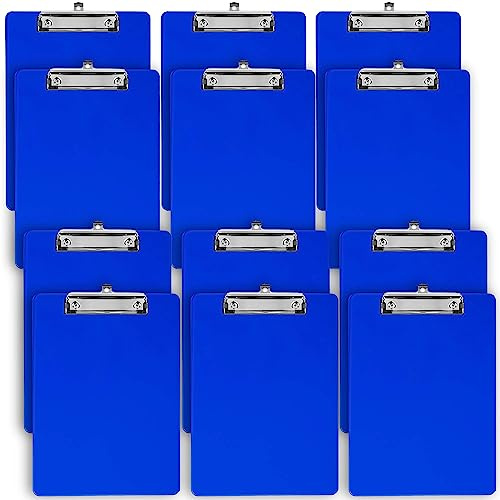 Blue Plastic Clipboard with Low Profile Clip (Pack of 12) - Letter Size Clip Board Blue with Flat Clip, A4 Size Acrylic Clipboard for Boys and Girls | Cute Aesthetic College & Back to School Supplies
