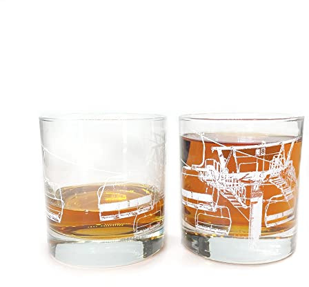 Black Lantern Whiskey Glasses - Low Ball and Cocktail Drinking Glasses with Ski Lift White Screen Print - 11oz. Skiing Glassware Set of 2 - Cocktail Glasses for Whiskey Scotch and Bourbon