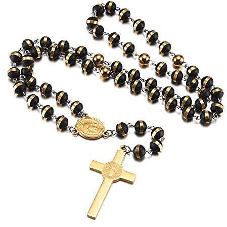 PiercingJak Rosenkranz Kreuz Kette Edelstahl Benediktus Medaille Anhänger Herren Halskette Christlich Religiöse Gebet Schmuck Amulett Geschenke für Unisex