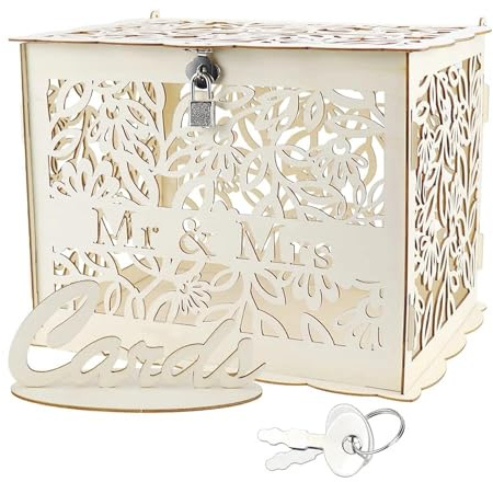 JaneYi Scatola di Carte di Nozze in Legno Grande 30x23x23cm, Contenitore per Biglietti, Porta Buste per Ricevimento Matrimonio Anniversario, con Serratura - Mr & Mrs