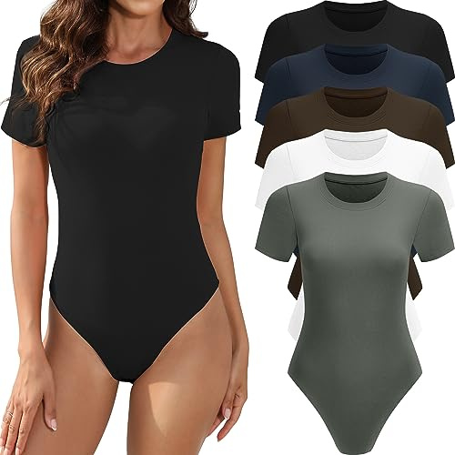 MLYENX 5 Pack Body Suits for Womens Short Sleeve Round Neck Casual Stretchy Basic T Shirt Bodysuit Tops L